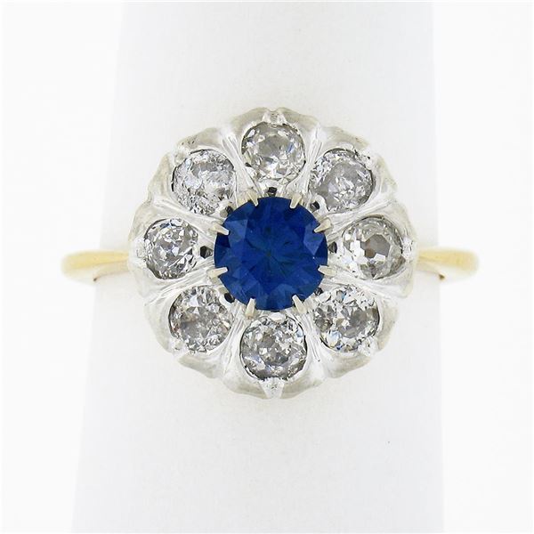 Antique FRENCH 18k TT Gold GIA NO HEAT Sapphire & Diamond Flower Cluster Ring