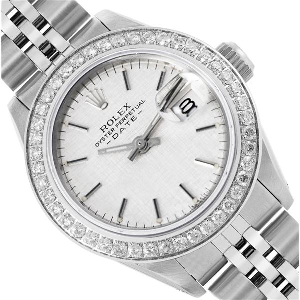 Rolex Ladies Stainless Steel Silver Index Steel Diamond Bezel Date Watch With Ro