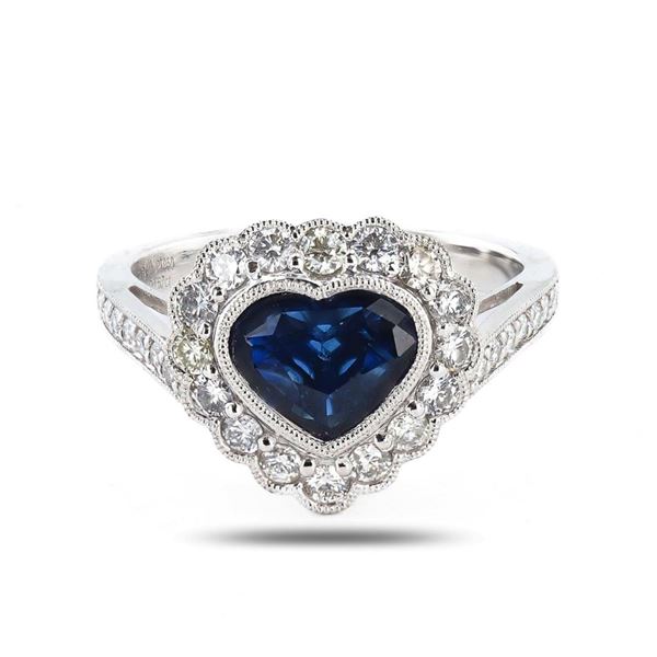 1.85 ctw Heart Shaped Blue Sapphire and 0.67 ctw Diamond Platinum Ring (GIA CERT