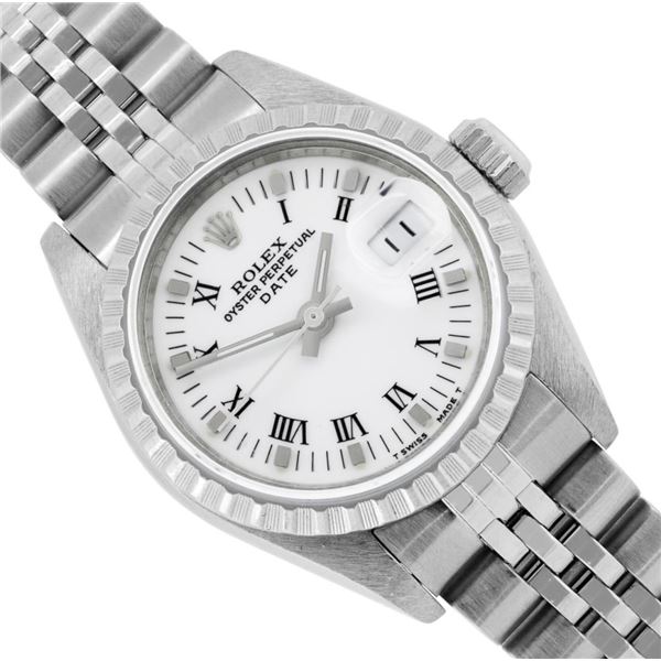 Rolex Ladies Stainless Steel Quickset White Roman Engine Turn Bezel Date Watch W