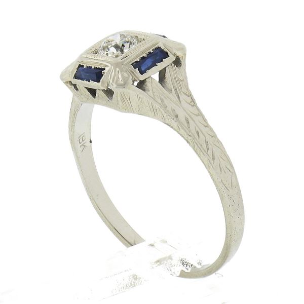Antique Art Deco 18K White Gold 0.15 ctw Diamond w/ Sapphire Engraved Work Ring