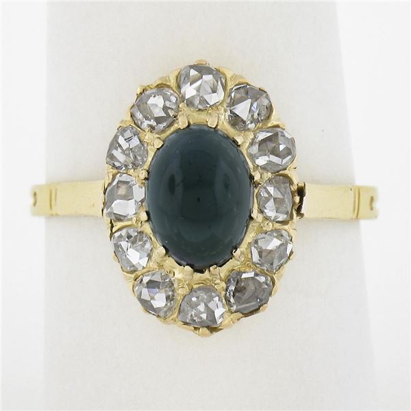Antique Victorian 18k Gold Oval Cabochon Sapphire Old Rose Cut Diamond Halo Ring