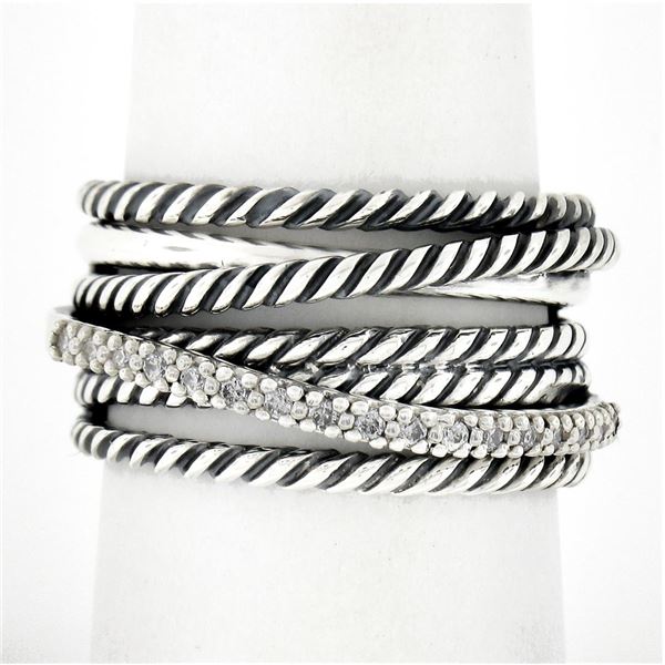 David Yurman Sterling Silver Pave Diamond & Cable Crossover Wide Band Ring