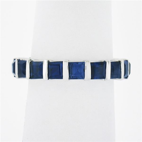 Platinum 4.45 ctw Square Step Cut Sapphire Bar Channel Eternity Stack Band Ring