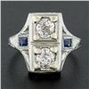 Image 2 : Antique Art Deco 18K White Gold .55 ctw Diamond & Baguette Sapphire Filigree Rin