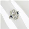 Image 3 : Antique Art Deco 18K White Gold .55 ctw Diamond & Baguette Sapphire Filigree Rin