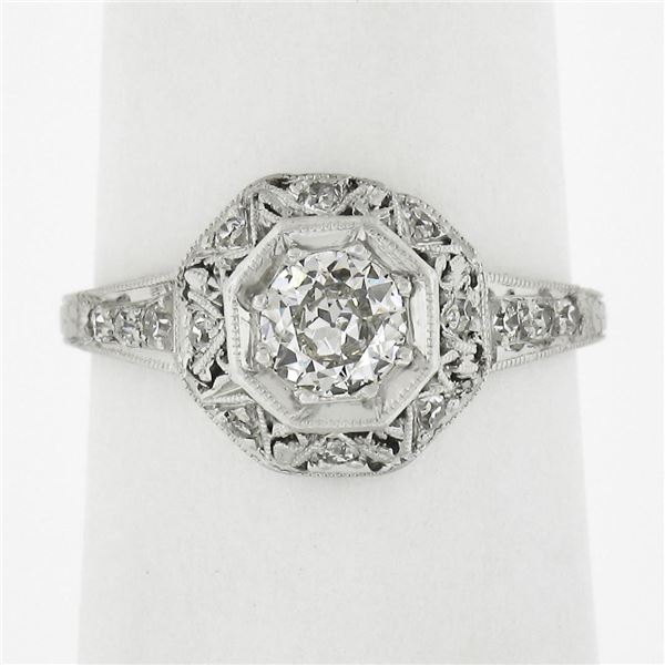 Antique Edwardian Platinum 0.61 ctw Diamond Octagonal Milgrain Engagement Ring