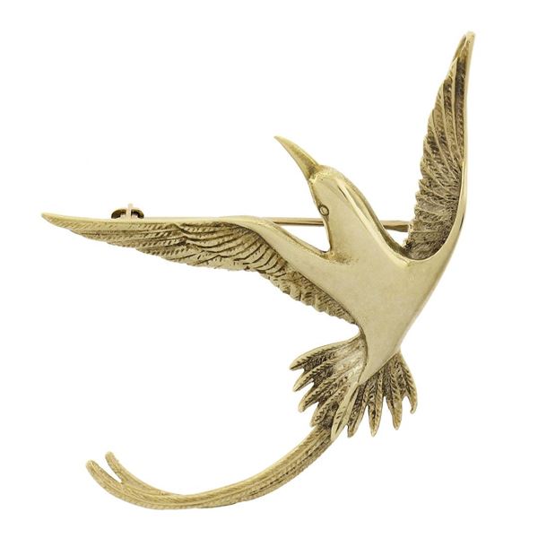 Vintage 14K Gold Detailed Textured Polished Flying Bird Pin Brooch Pendant