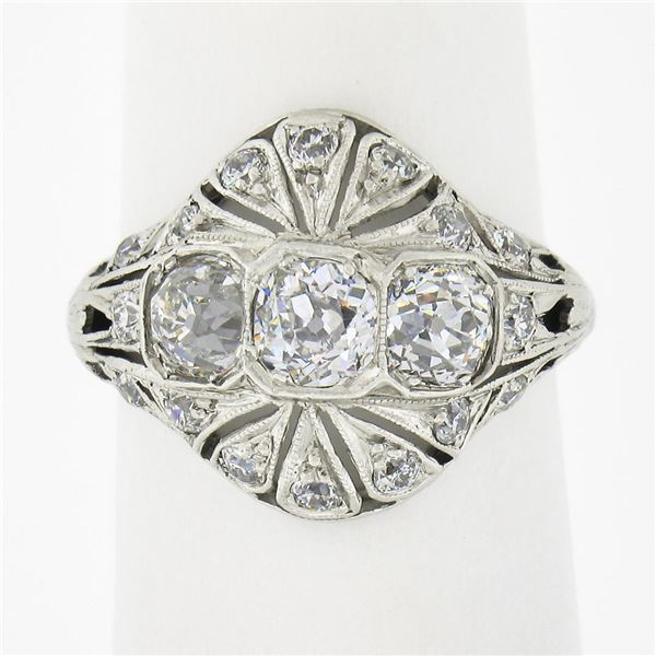 Antique Edwardian Platinum European Diamond Milgrain Engraved Dome Mosaic Ring