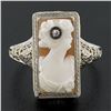 Image 2 : Antique Art Deco 14K White Gold Carved Shell Cameo Diamond Open Filigree Ring