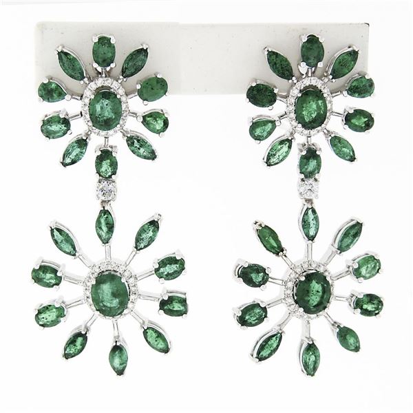 18k White Gold 8.28 ctw Emerald & Diamond Spray Snowflake Drop Dangle Earrings