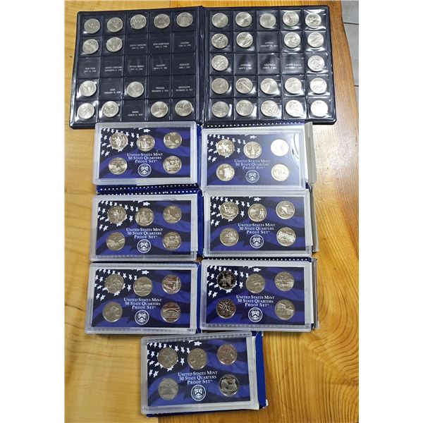 Seven US Mint 50 State Quarters Proof Sets & One Commemorative Folder