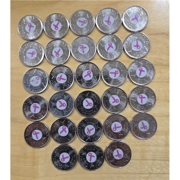 Twenty-Eight 2006 Circulated Canadian “Pink Ribbon” Colorized Quarters