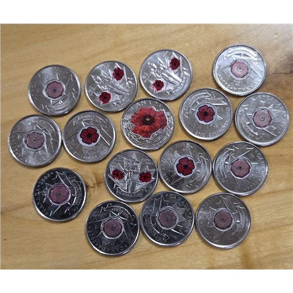 Sixteen Circulated Canadian Colorized Poppy Quarters