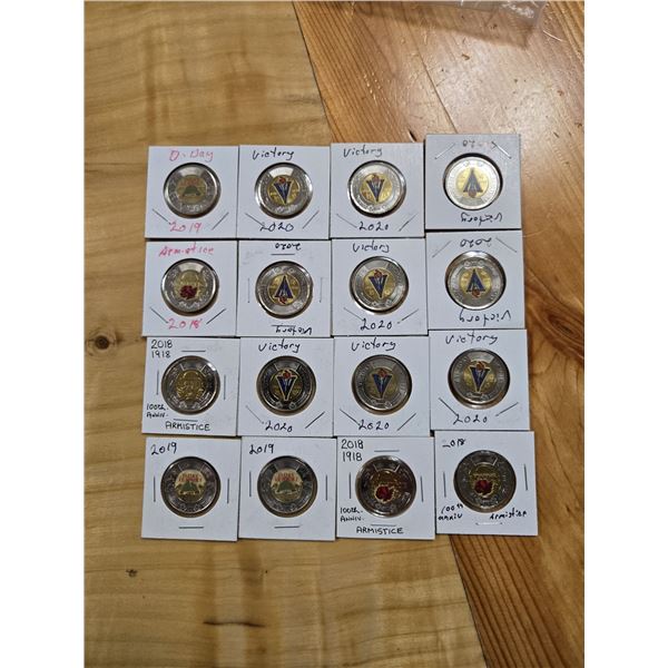 Sixteen Circulated Canadian Colorized WWI & WWII Commemorative Toonies