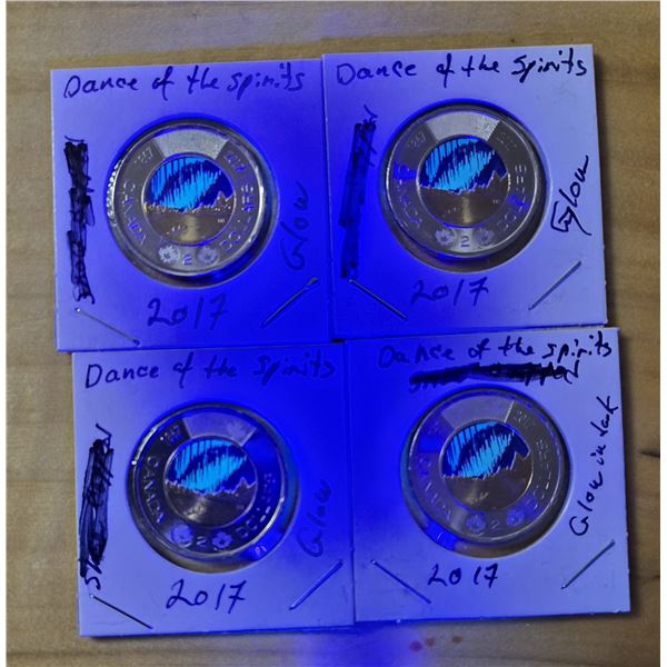 Four 2017 Uncirculated Canadian “Dance of the Spirits” Colorized Toonies