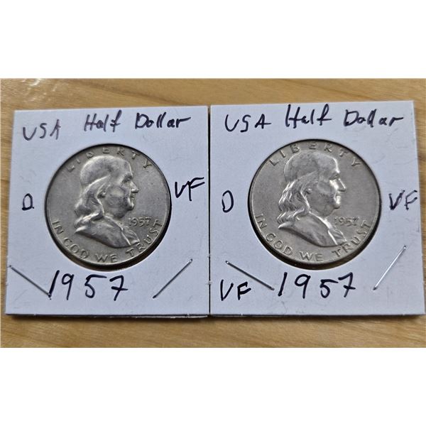 Two 1957 American Silver Half Dollars.