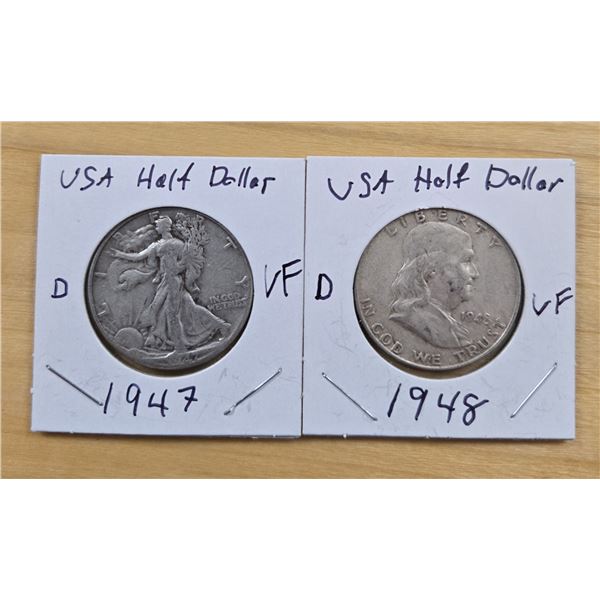 Two 1947 American Silver Half Dollars.