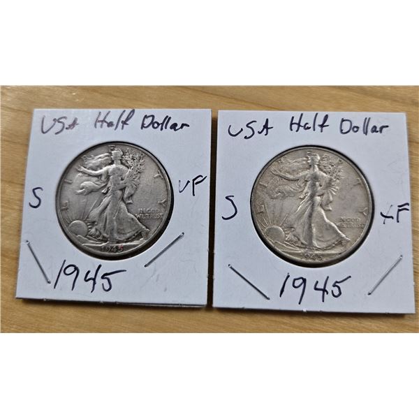 Two 1945 American Silver Half Dollars.