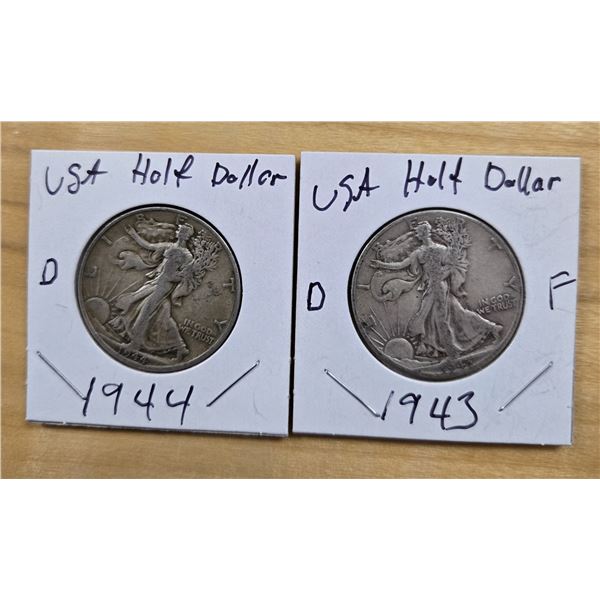 Two 1943 American Silver Half Dollars.