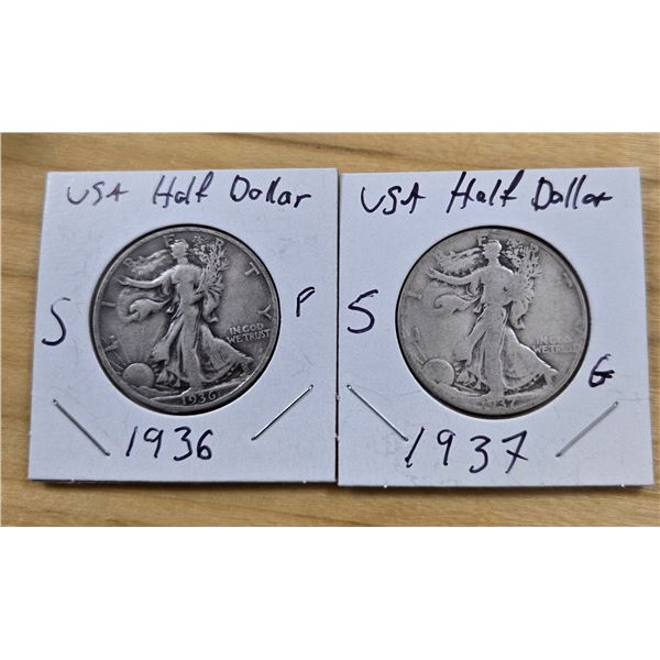One 1936 & One 1937 American Silver Half Dollars.