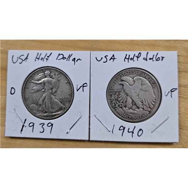 One 1939 & One 1940 American Silver Half Dollars.