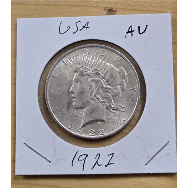 One 1922 American Silver Peace Dollar.