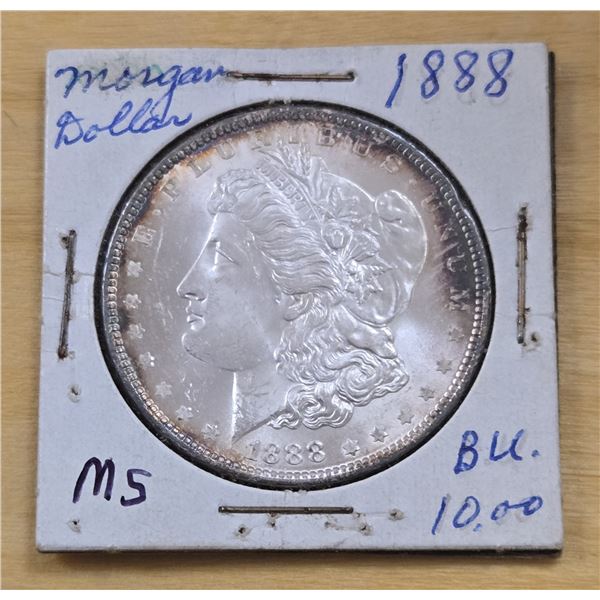 One 1888 American Silver Morgan Dollar.