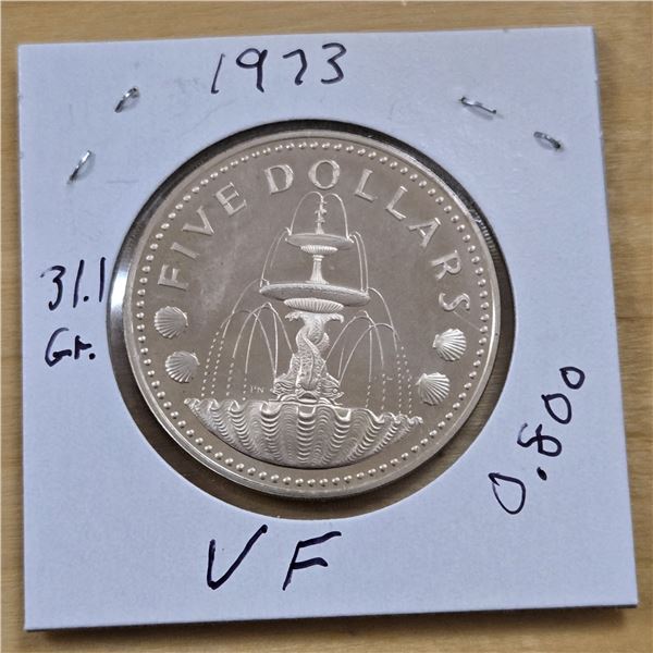 One 1973 Barbados Silver Five Dollar Coin