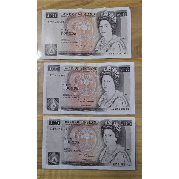 Three Bank of England Ten Pound Banknotes from the 1970s