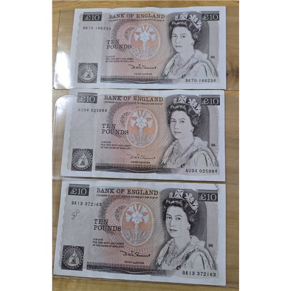 Three Bank of England Ten Pound Banknotes from the 1970s