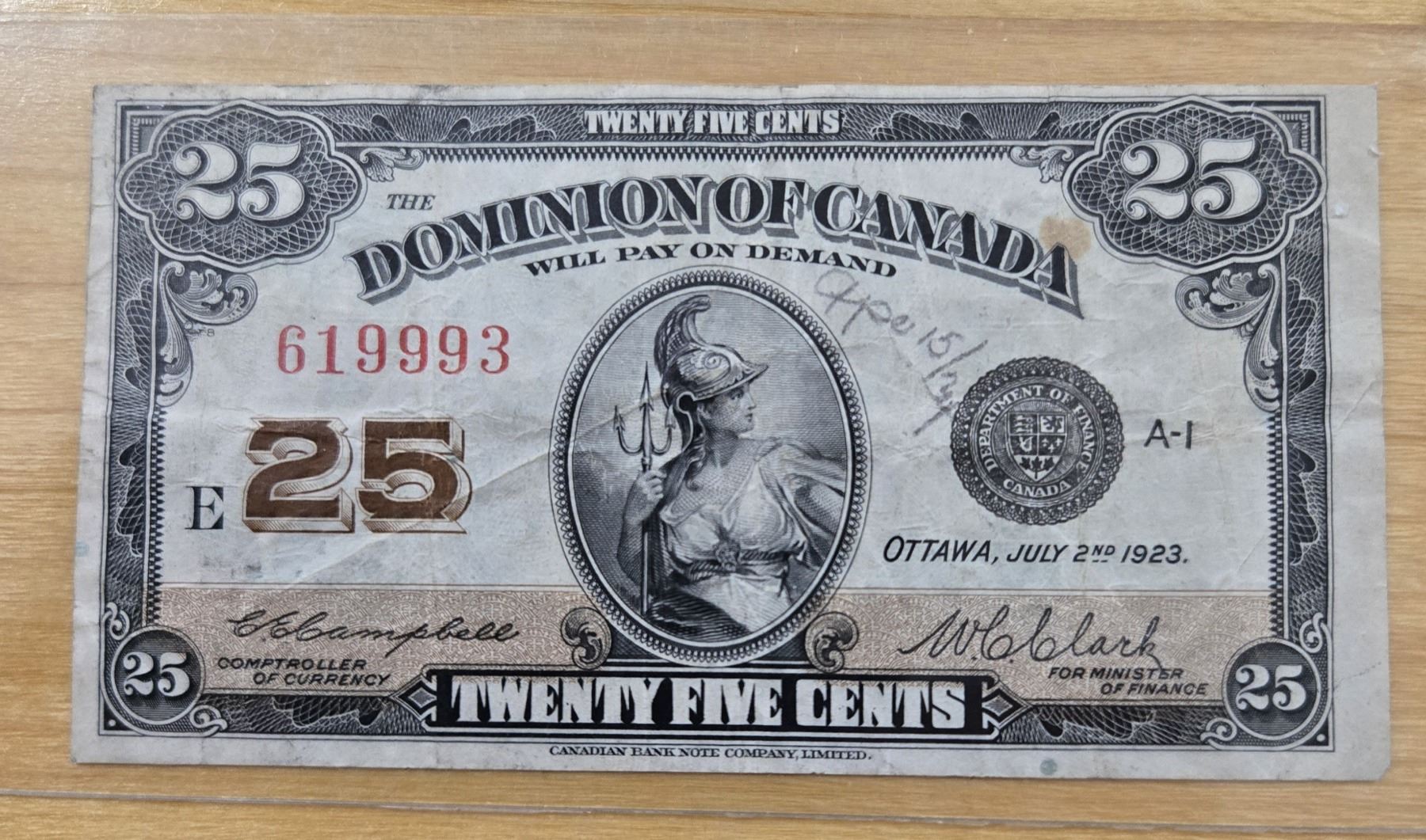 One 1923 Canadian Shinplaster Twenty Five Cent Banknote
