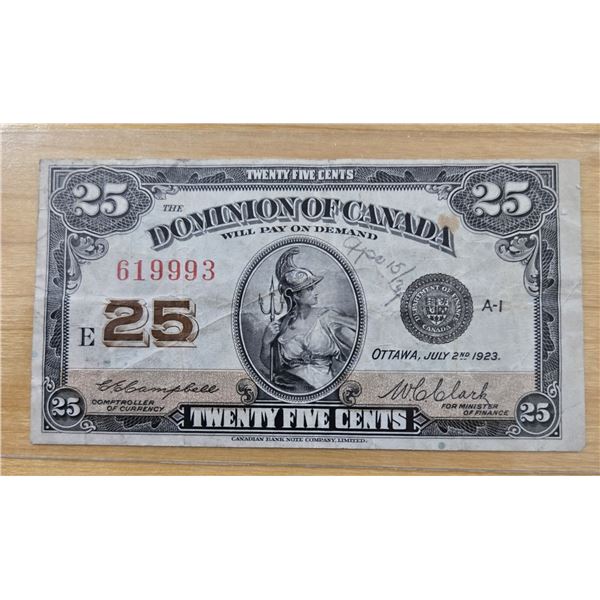 One 1923 Canadian Shinplaster Twenty Five Cent Banknote