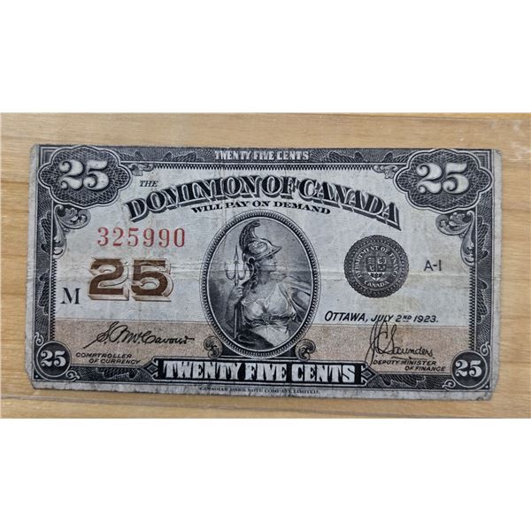 One 1923 Canadian Shinplaster Twenty Five Cent Banknote