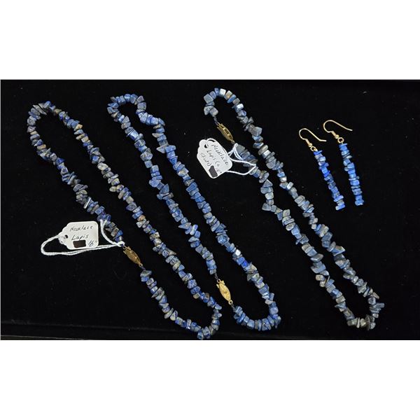 Three 16” Lapis Lazuli Chip Necklaces & One Pair of Lapis Lazuli Earrings