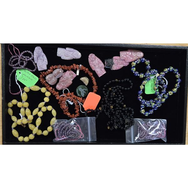 Five Assorted Necklaces & Seven Carvings & One Piece of Jade