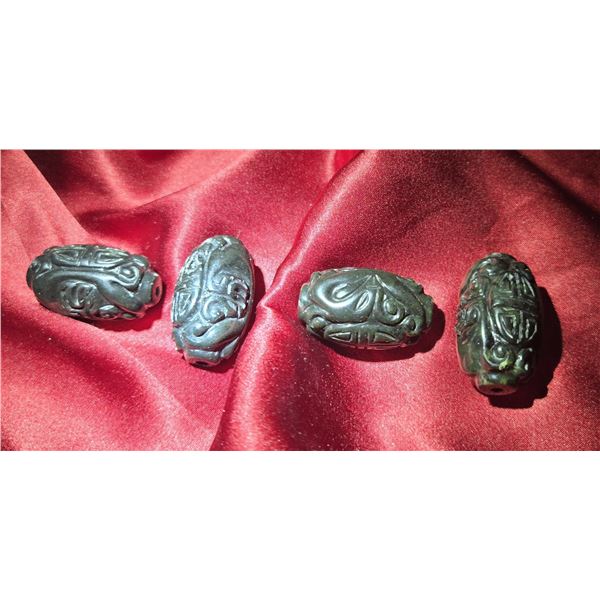 Four Carved Black Jade Asian Beads