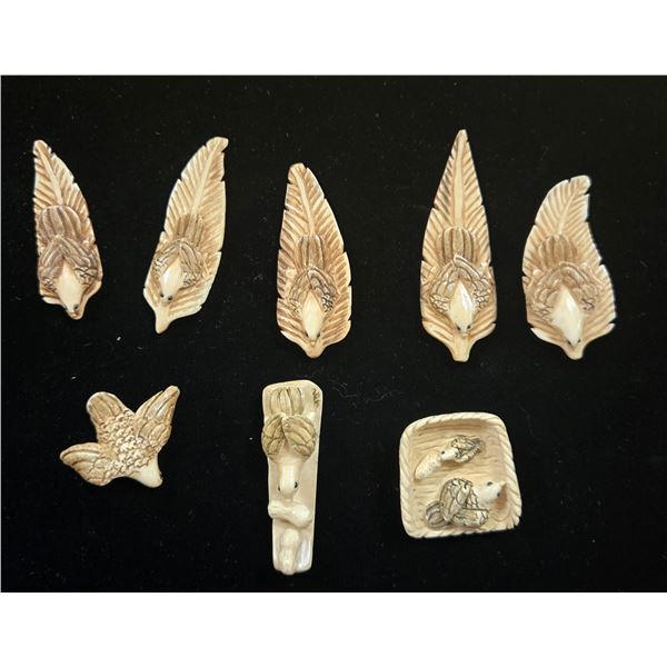 Eight Signed 1964 Japanese Miniature Horn Carvings of Birds