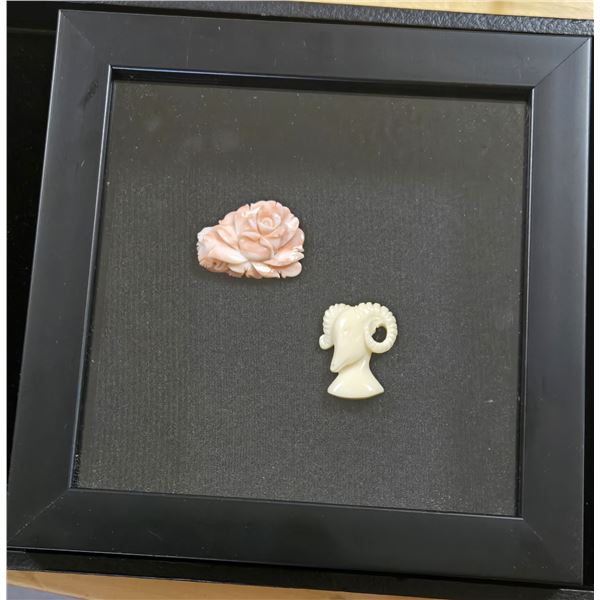 Antique Fossilized Coral Rose & Ram’s Head Made of Horn Mounted in Shadow Box
