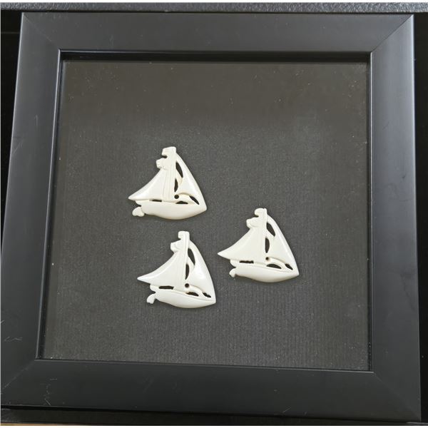 Three Vintage Scrimshaw Sail Boat Carvings Mounted in a Shadow Box