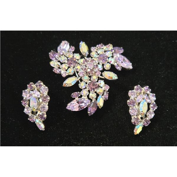 Vintage Sherman Lavender & Rhinestone Brooch & Matching Clip On Earrings