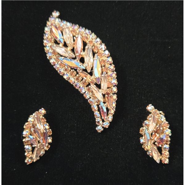 Vintage Sherman Aurora Borealis Brooch & Clip on Earring Set