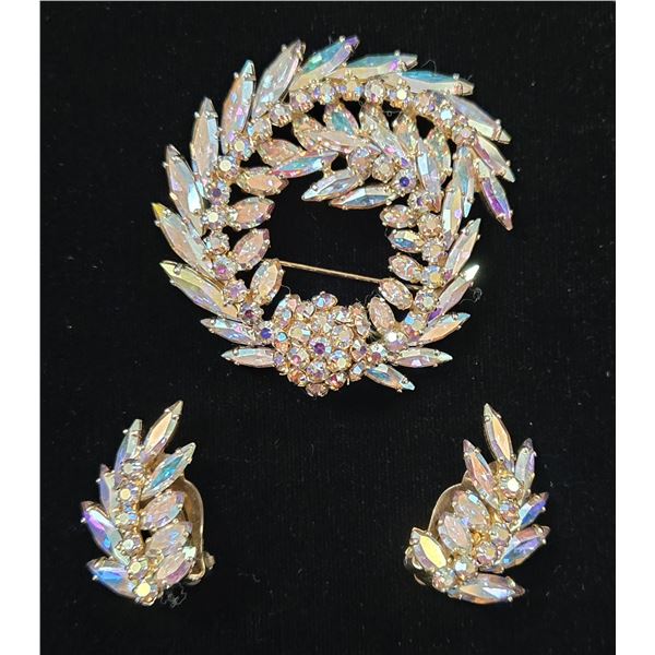Vintage Sherman Rhinestone Swirl Brooch & Clip on Earring Set