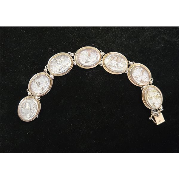 Antique Solid Silver Cameo Bracelet with Abalone Panels