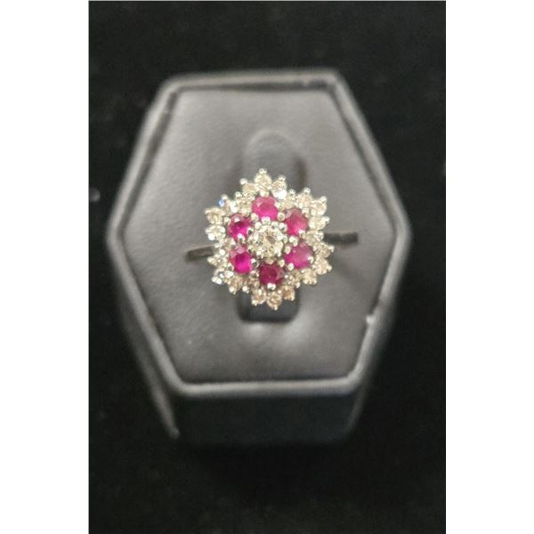 Diamond & Ruby Cluster 14 Karat White Gold Dinner Ring