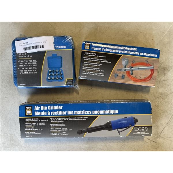 NEW POWERFIST AIR DIE GRINDER, 12PB TAMPER PROOF BIT SET, AND PROFESSIONAL ALUMINUM AIR BRUSH KIT
