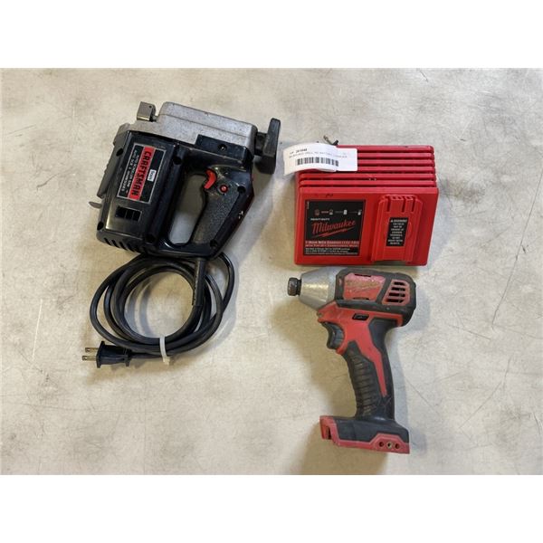 MILWAUKEE DRILL, NO BATTERY, CHARGER AND VINTAGE JIGSAW