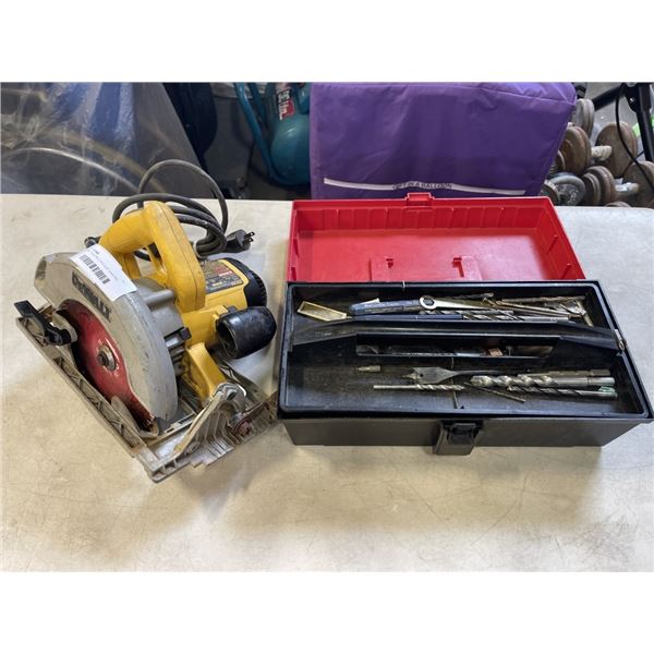 DEWALT ELECTRIC CIRCULAR SAW AND TOOLBOX WITH ASSORTED HARDWARE