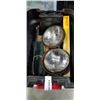 Image 2 : TOTE WITH VINTAGE HEADLIGHT SET, AND ASSORTED CAR PARTS