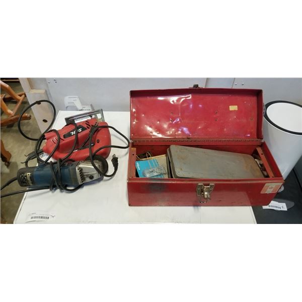 JIGSAW, ANGLE GRINDER, AND TOOL BOX WITH CONTENTS